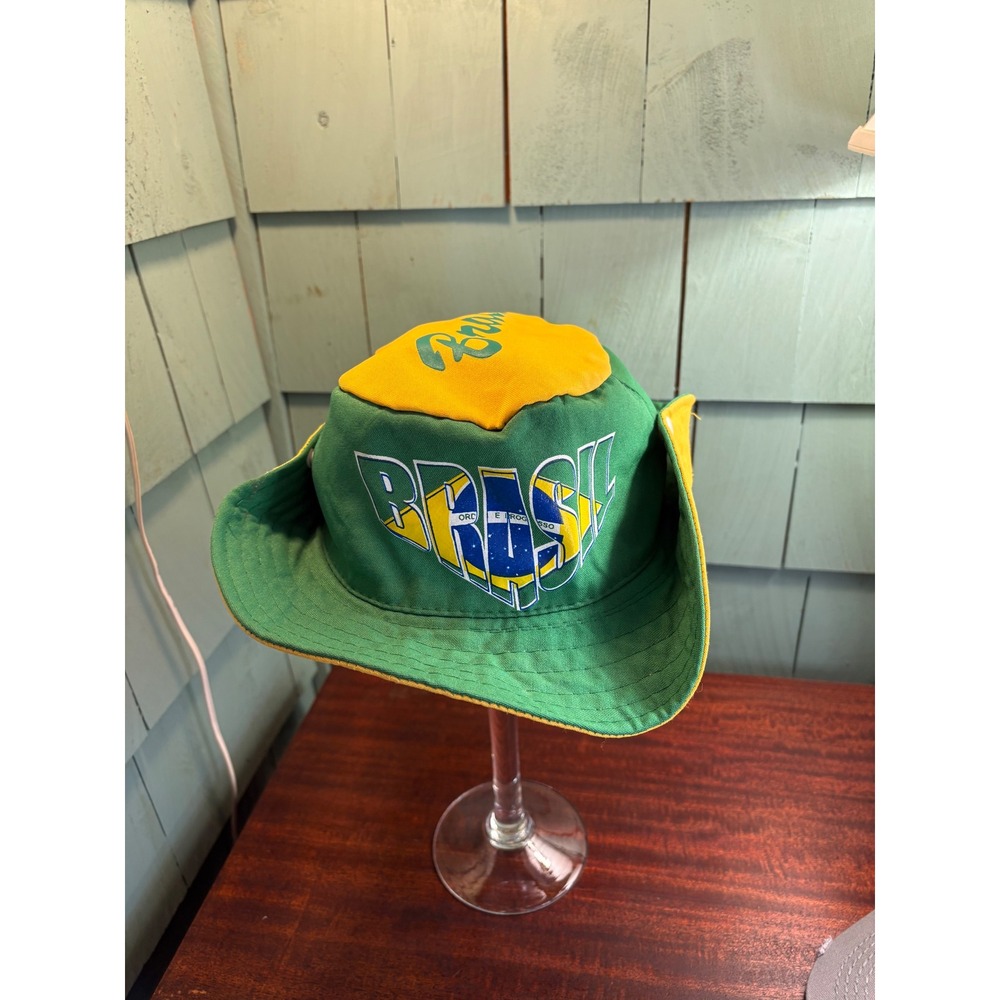 Vintage 90's "Brasil" Brazil Bucket Hat Green Yellow Soccer Fan Safari OG Bones